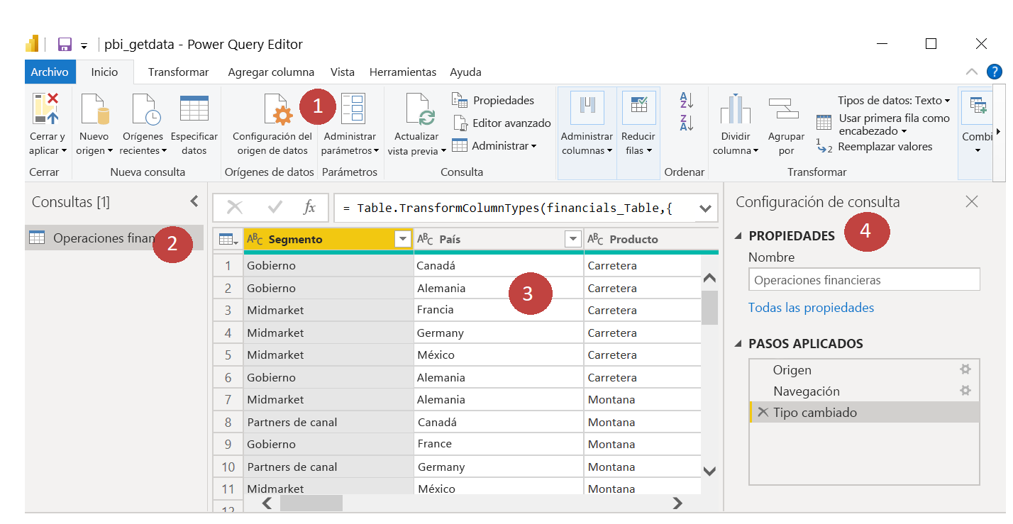 Las cuatro áreas de la pantalla del Editor de Power Query.