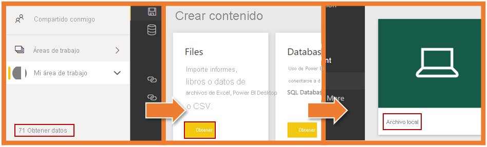 Tres capturas de pantalla que muestran los botones Obtener dato, Obtener y Archivo local.