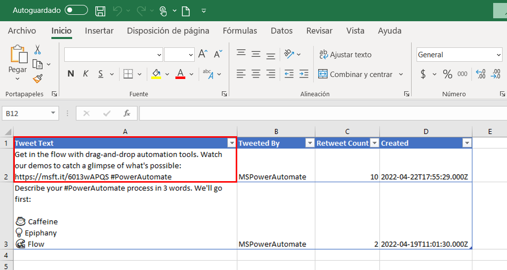 Captura de pantalla del mismo tweet en una hoja de cálculo de Excel.