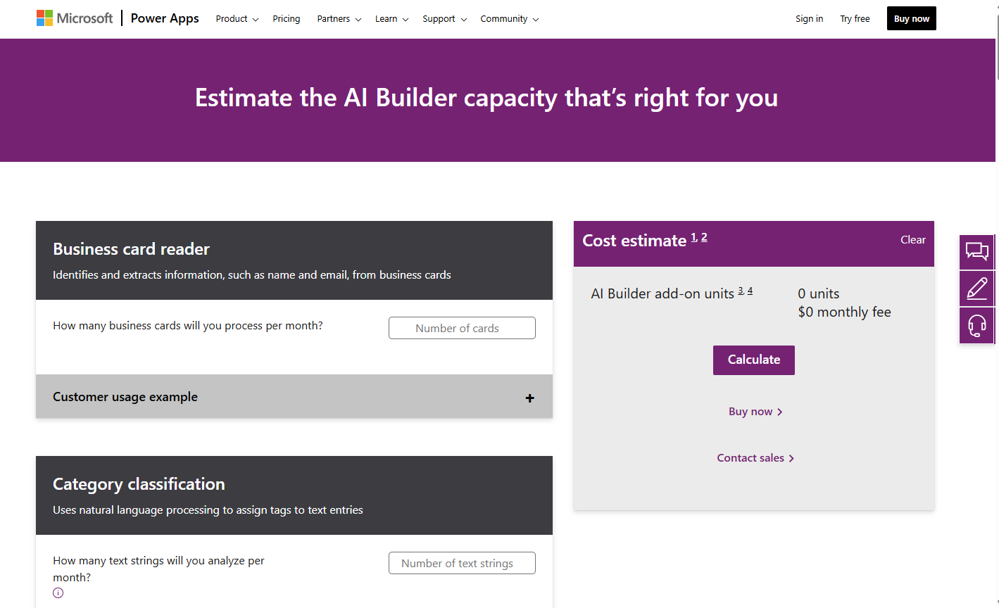 Captura de pantalla de la página Calculadora de AI Builder de Power Apps, con una estimación del coste que le permite calcular el coste de las unidades de complementos de AI Builder