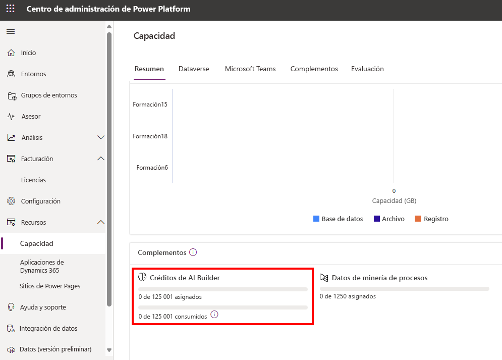 Captura de pantalla del Centro de administración de Microsoft Power Platform, en la página Resumen de la pestaña Capacidad