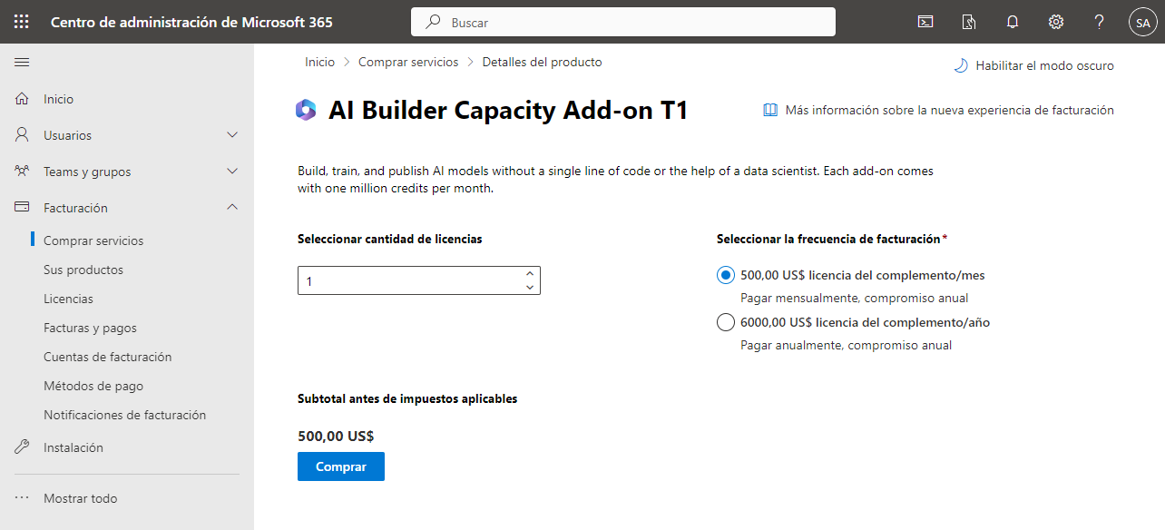 Captura de pantalla del portal Centro de administración en la página del complemento Capacidad de AI Builder