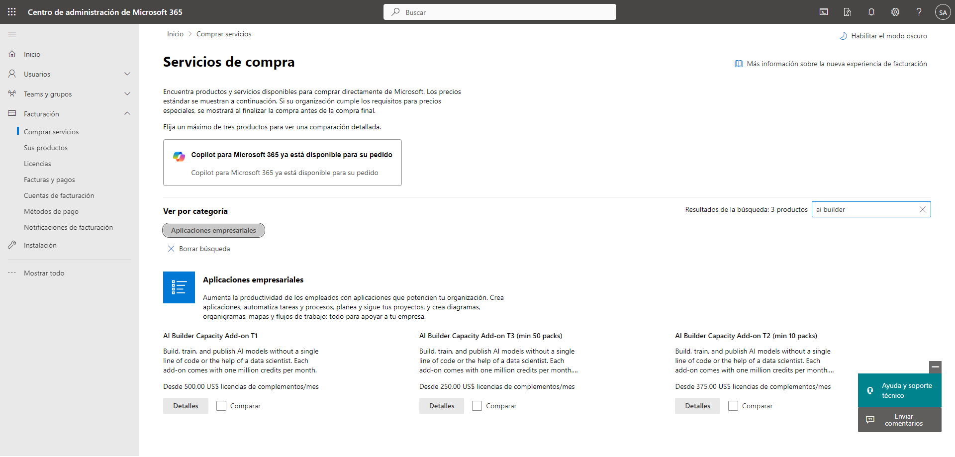 Captura de pantalla del Centro de administración de Microsoft 365 abierto en la pestaña Facturación de la página de Servicios de compra. El complemento Capacidad de AI Builder aparece bajo Aplicaciones empresariales.