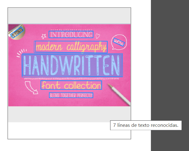 Captura de pantalla de una imagen de muestra con varios tipos de texto. Se reconocen 7 líneas de texto. Haga clic o toque para elegir la imagen para el reconocimiento de texto.