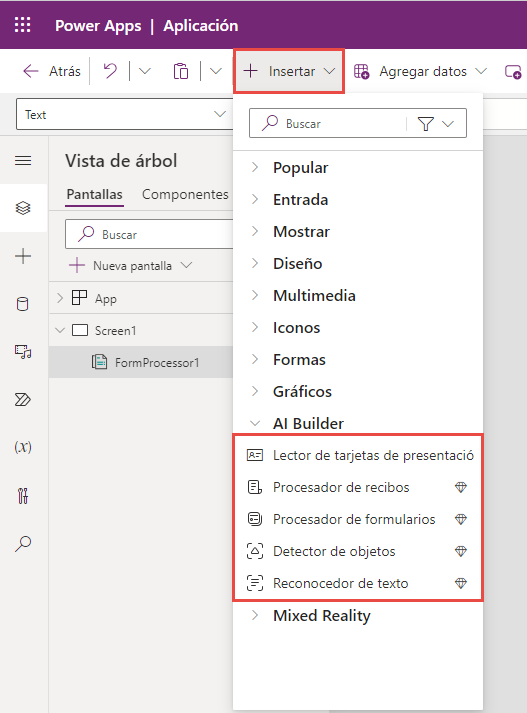 Captura de pantalla del menú de AI Builder expandido para mostrar las opciones Lector de tarjetas de presentación, Procesador de formularios, Detector de objetos y Reconocedor de texto