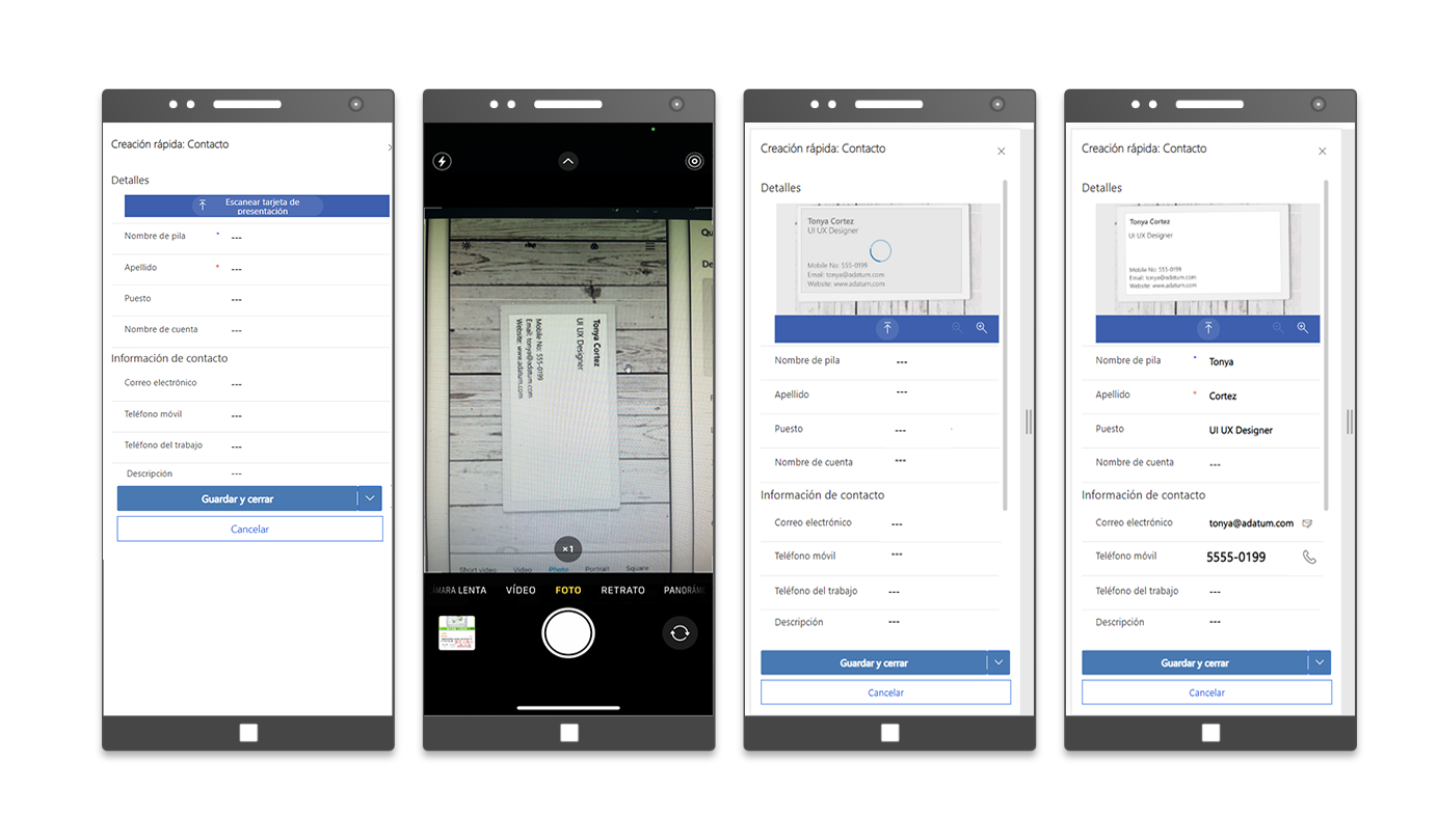 Capturas de pantalla móviles del escaneo de tarjetas de presentación con Quick Create Contact