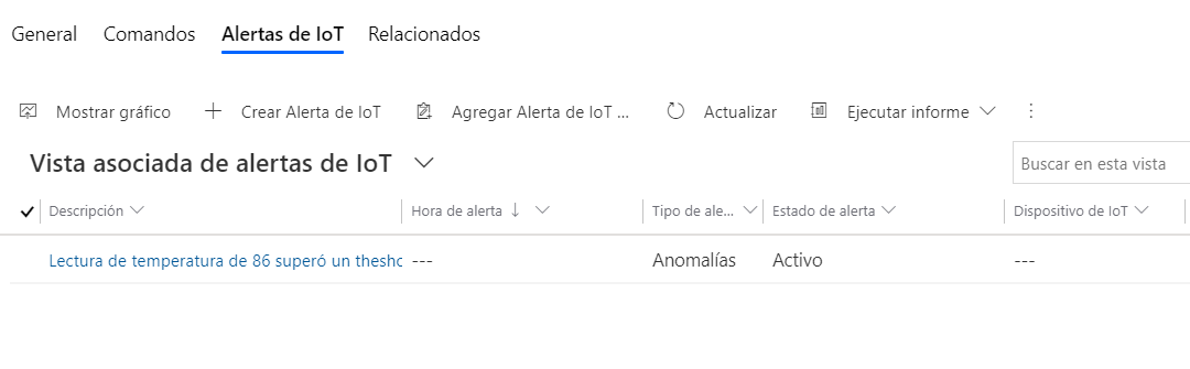 Captura de pantalla de la alerta de temperatura generada por el simulador