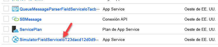 Captura de pantalla de App Service SimulatorFieldServiceIoTXXXX.