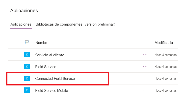 Captura de pantalla de aplicaciones recientes con Connected Field Service resaltado.