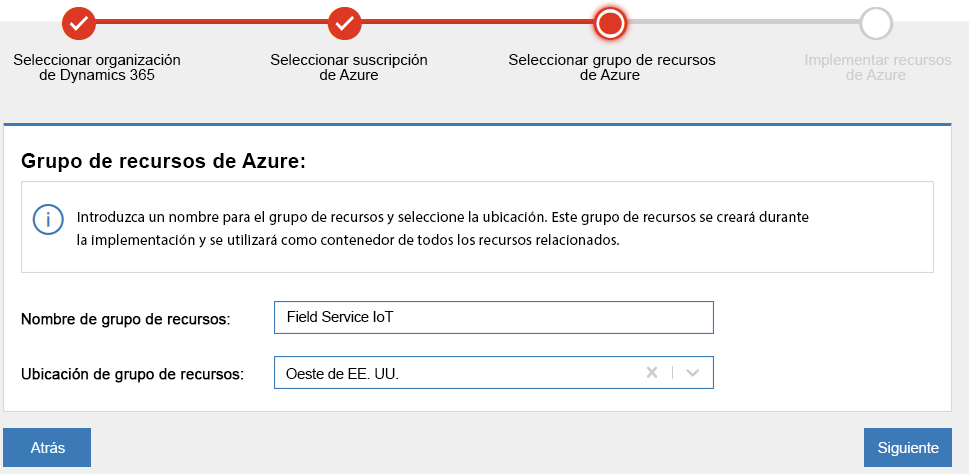 Captura de pantalla de FieldServiceIoT como nombre del grupo de recursos, la selección de Ubicación del grupo y el botón Siguiente.