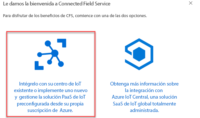 Captura de pantalla de la opción Lleve a cabo la integración con su IoT Hub existente o implemente una nueva y administre la solución PaaS de IoT preconfigurada desde su propia suscripción a Azure.