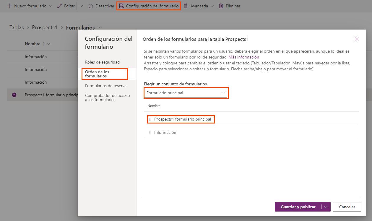 Captura de pantalla de la configuración Orden de formularios