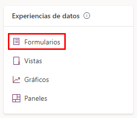 Captura de pantalla que muestra un primer plano del panel de experiencias de datos con la opción Formularios resaltada