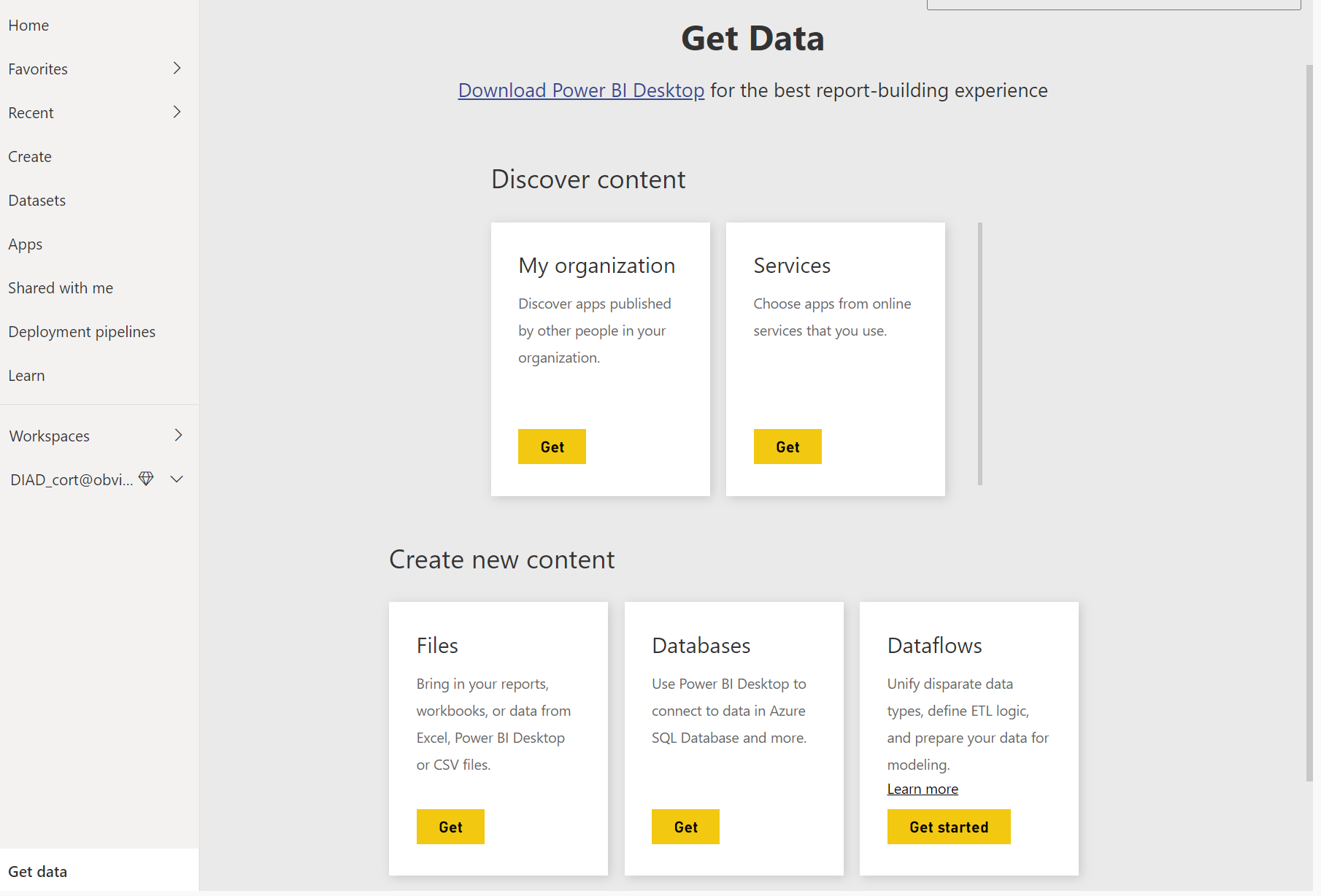 Captura de pantalla del centro de aprendizaje del servicio Power BI con informes de muestra incorporados.