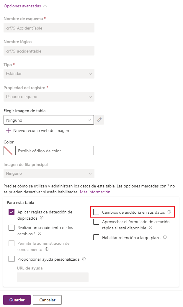 Captura de pantalla del panel Editar propiedades de la tabla que muestra las opciones avanzadas con la opción Cambios de auditoría en sus datos resaltada.