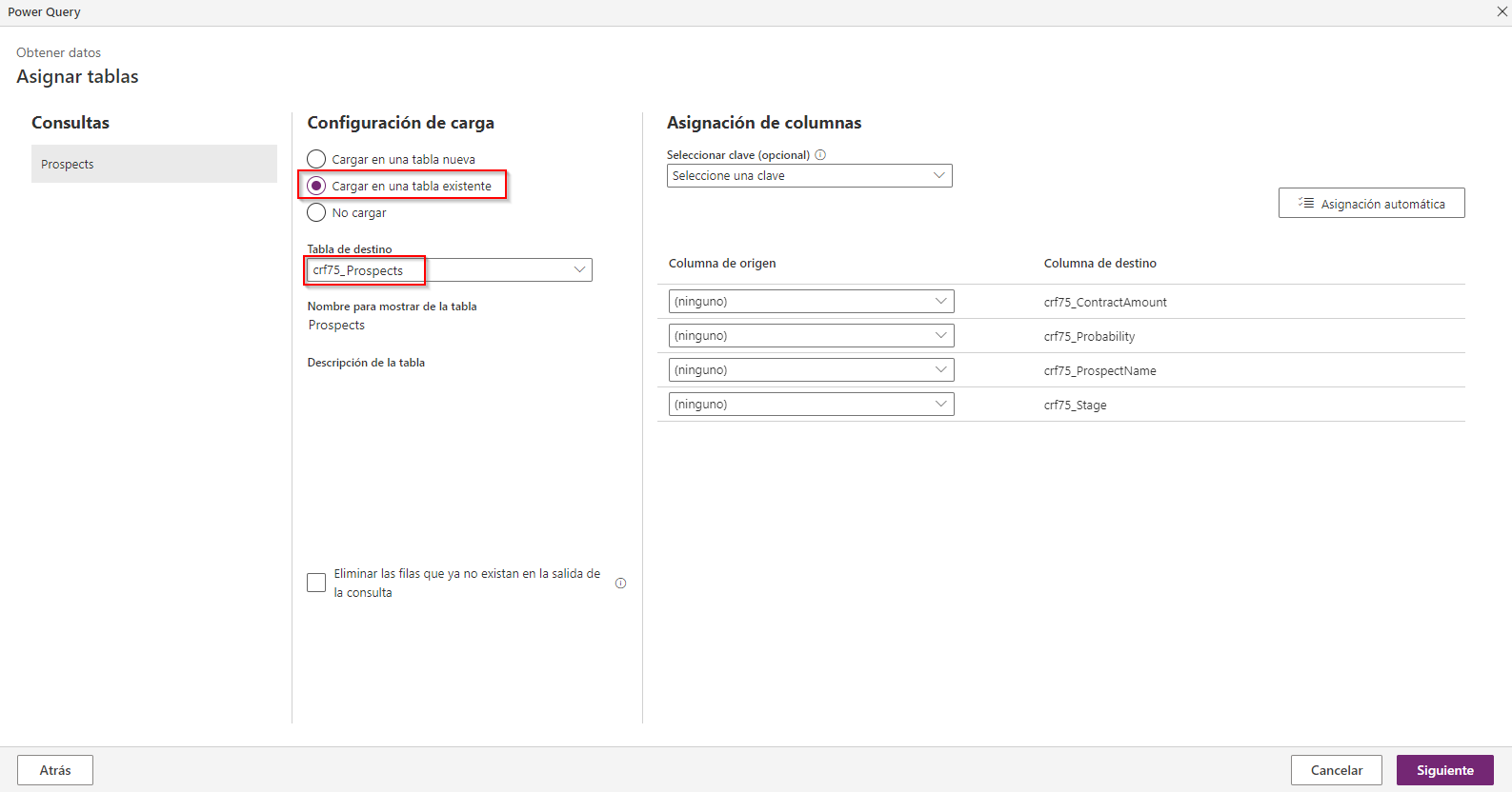 Captura de pantalla de la ventana de Power Query que muestra la configuración de carga y la asignación de columnas con carga en la tabla existente.