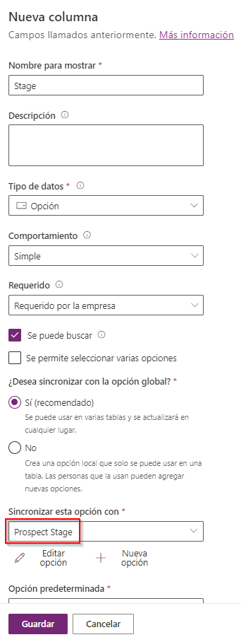 Captura de pantalla de la lista desplegable, con las opciones de 