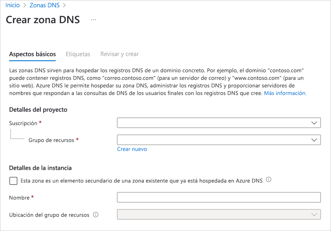 Captura de pantalla de la página de creación de la zona DNS.