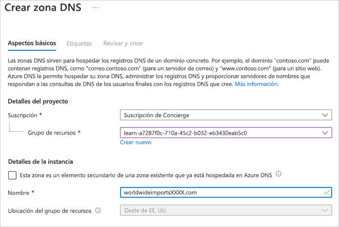 Captura de pantalla de la página de creación de la zona DNS.