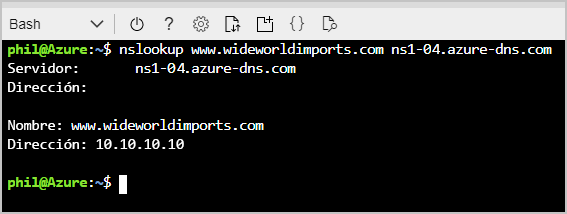 Captura de pantalla de Cloud Shell, en la que se muestran los resultados de nslookup.