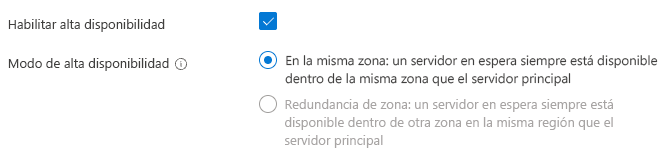 Recorte de pantalla de la selección para habilitar la misma alta disponibilidad de zona después de la creación del servidor.