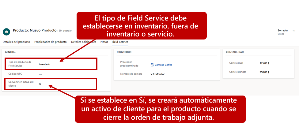 Captura de pantalla del tipo de producto de Field Service