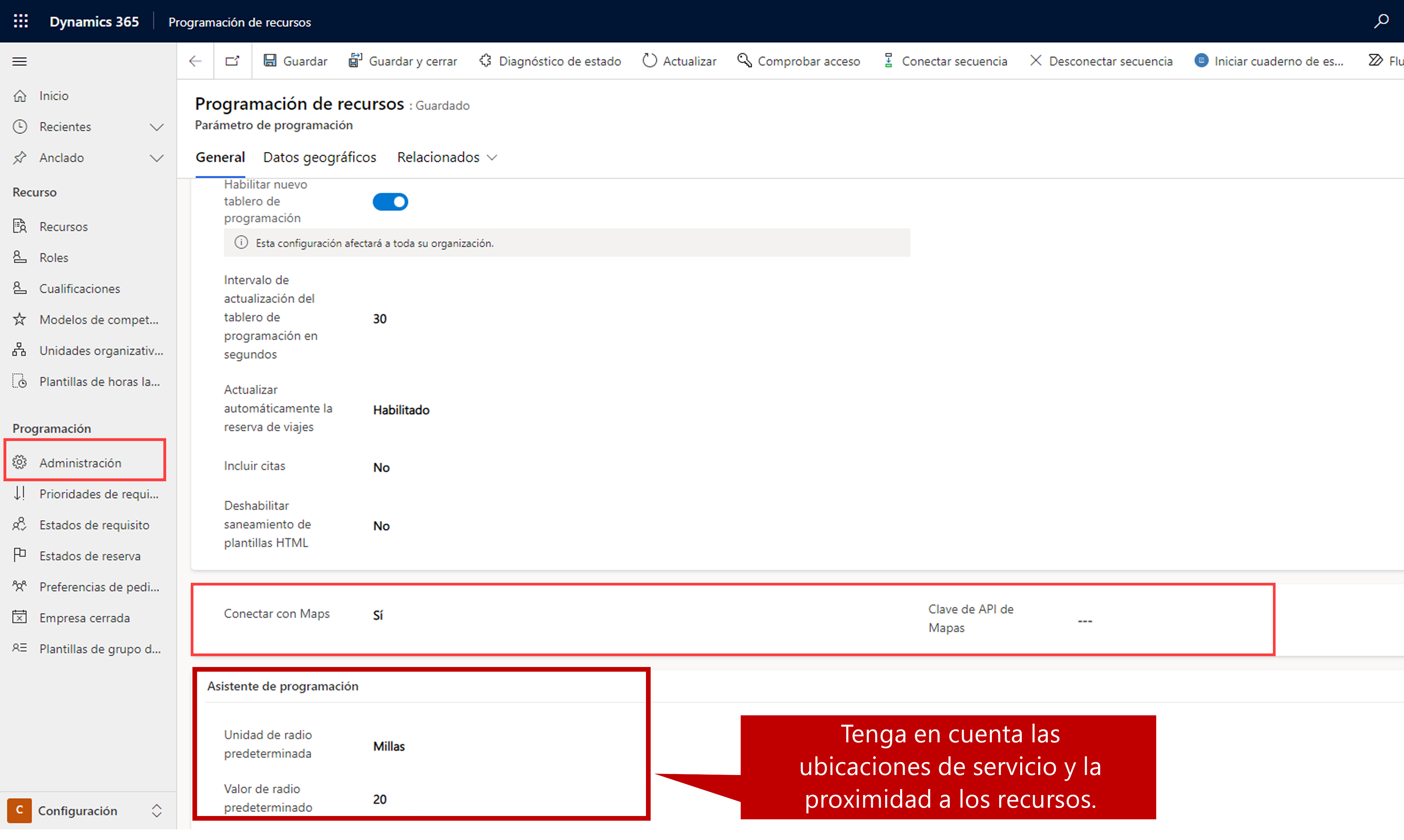 Resource Scheduling con Conectar con Mapas seleccionado.