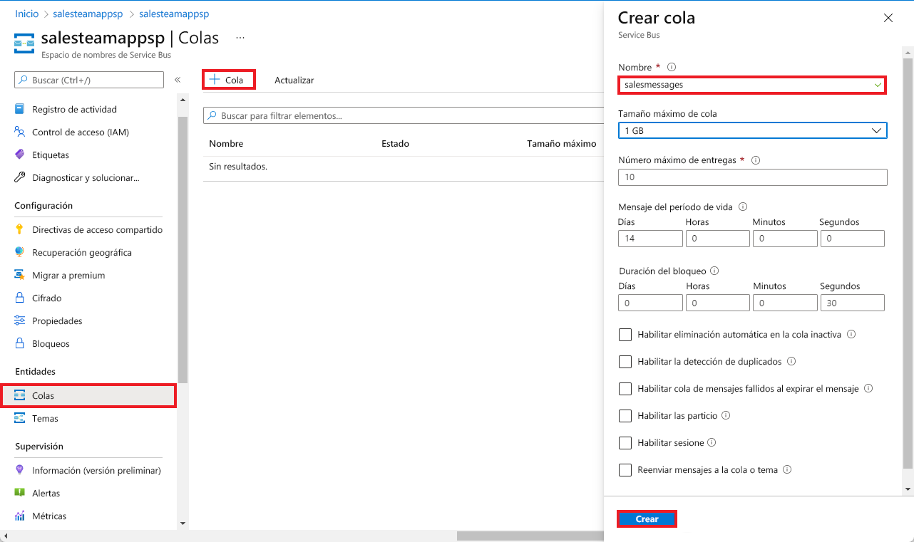 Captura de pantalla de los paneles Espacio de nombres de Service Bus y Crear cola, con Cola y Crear resaltados.