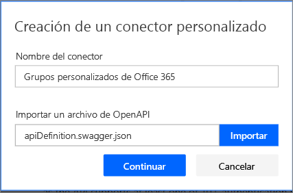 Captura de pantalla del cuadro de diálogo Crear un conector personalizado con Importar un conjunto de archivos de Open API establecido en apiDefinition.swagger.json.