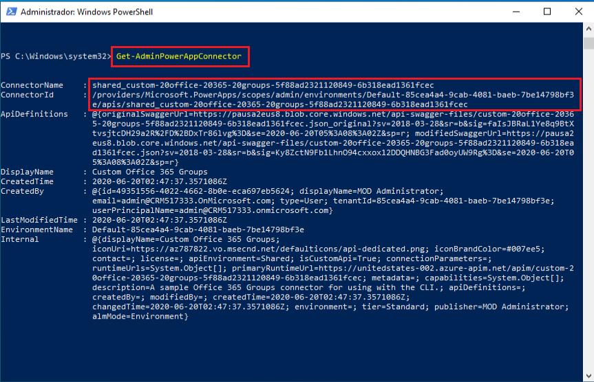 Captura de pantalla de los resultados del conector get con el comando Get-AdminPowerAppConnector y el valor de ConnectorName y ConnectorId resaltado.