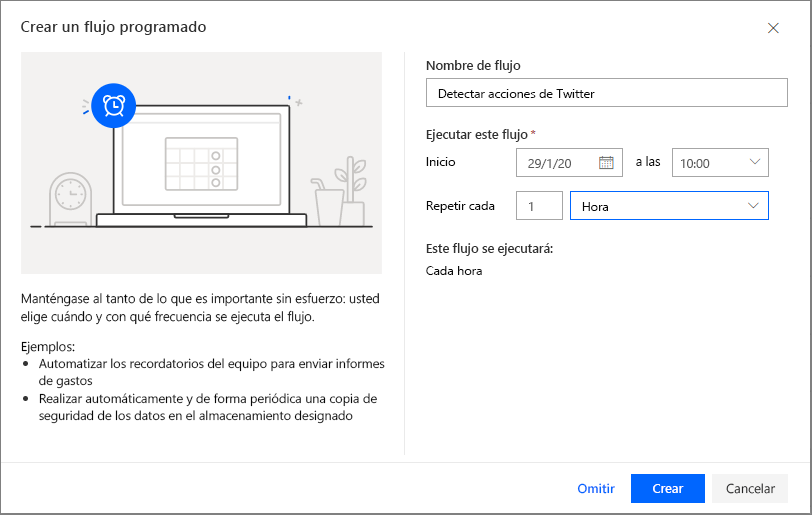 Captura de pantalla de Crear un flujo programado con el nombre del flujo configurado como Detectar acciones de Twitter.