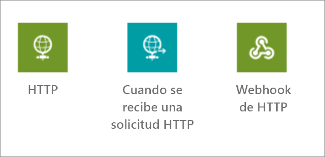 Captura de pantalla de HTTP, cuando se recibe una solicitud HTTP y Webhook HTTP.