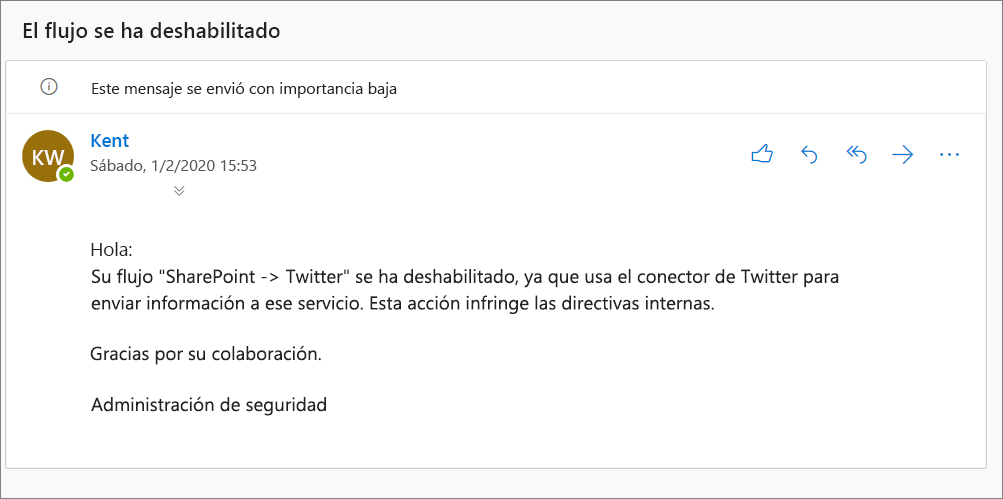 Captura de pantalla del correo electrónico con el asunto El flujo se ha deshabilitado y el mensaje 