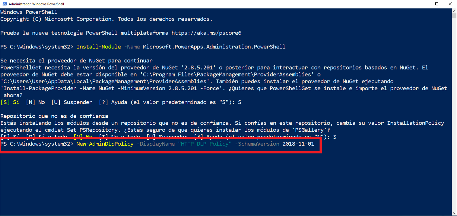 Captura de pantalla de la directiva DLP HTTP de PowerShell.