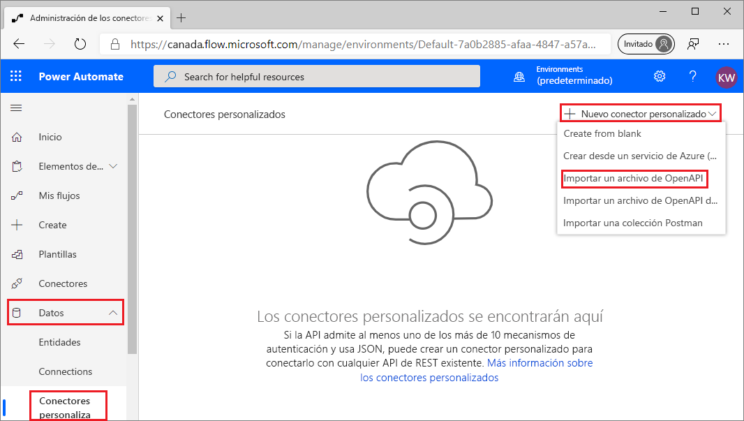 Captura de pantalla de la página Datos de Power Automate > Conectores personalizados con el menú Nuevo conector personalizado expandido y la opción Importar un archivo de OpenAPI resaltada