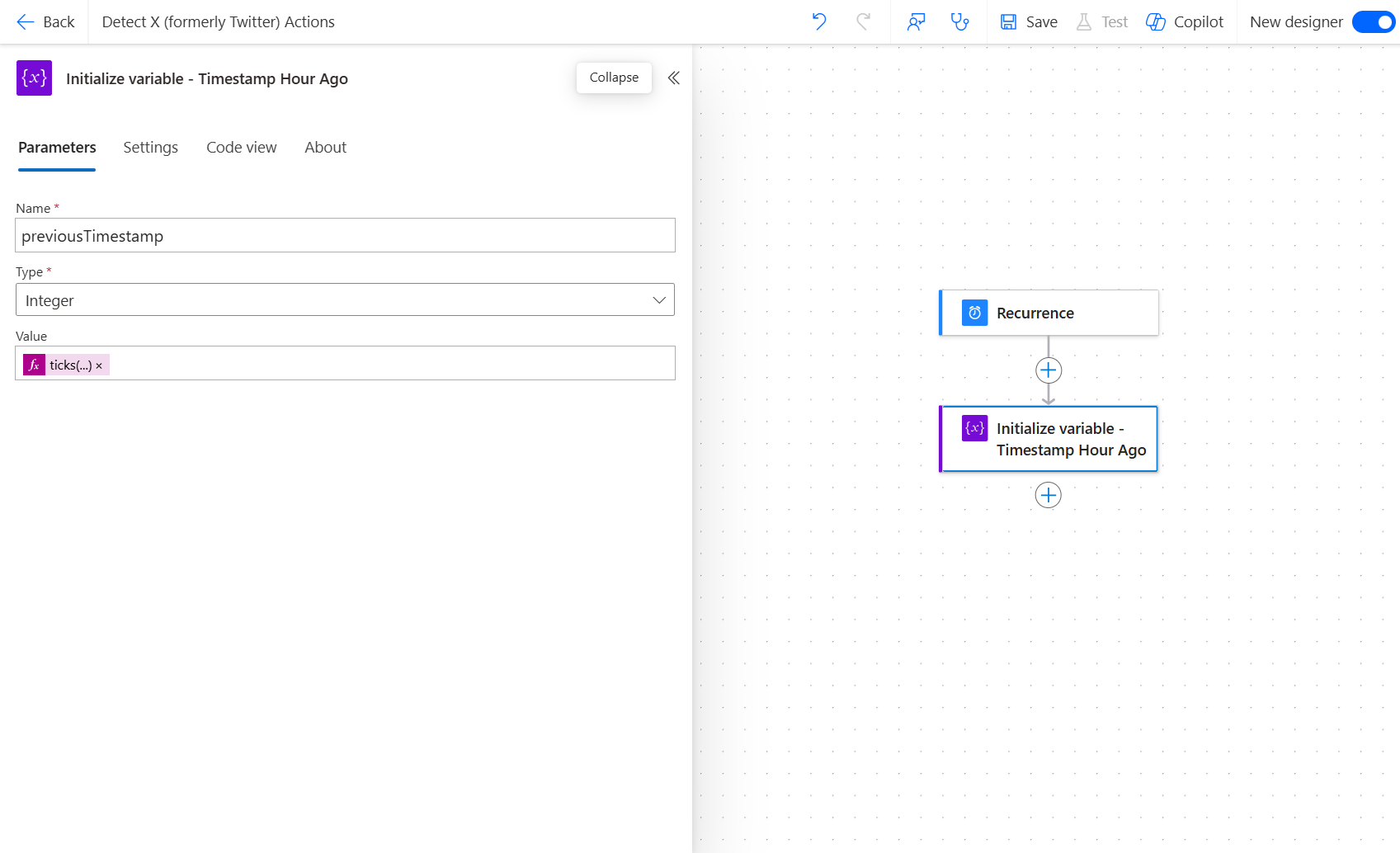 Captura de pantalla de la página Mis flujos de Power Automate, con la propiedad Value de la acción Inicializar variable con la fórmula de tics resaltada