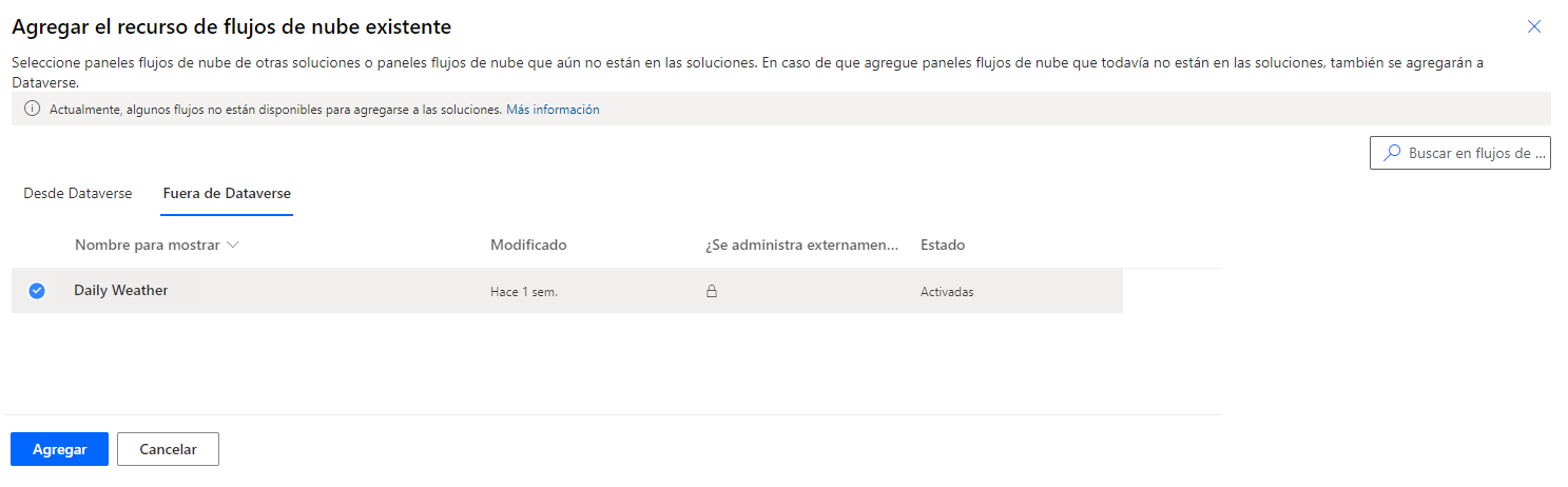 Captura de pantalla que muestra el cuadro de diálogo Agregar flujos de nube existentes a la solución