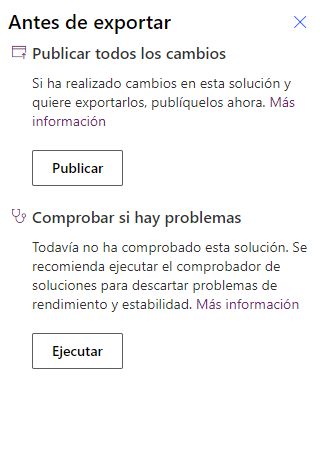 Captura de pantalla de las opciones Antes de exportar