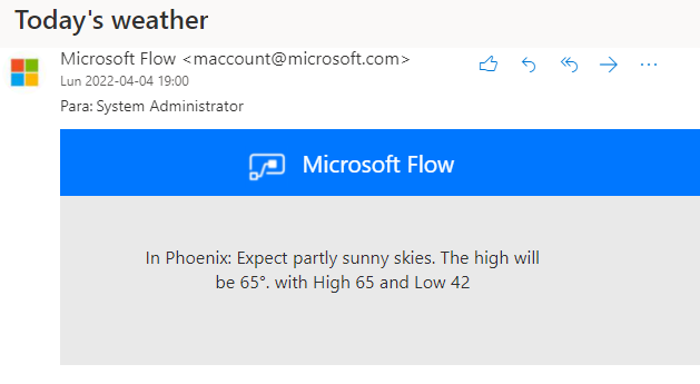 Captura de pantalla de un correo electrónico enviado por el flujo de nube para el tiempo de Phoenix