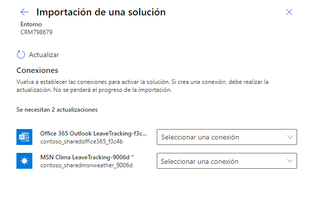 Captura de pantalla de la configuración de las referencias de conexión para la conexión durante la importación