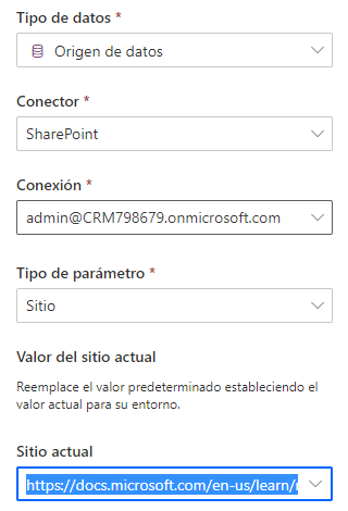 Captura de pantalla de la configuración de una variable de entorno de origen de datos