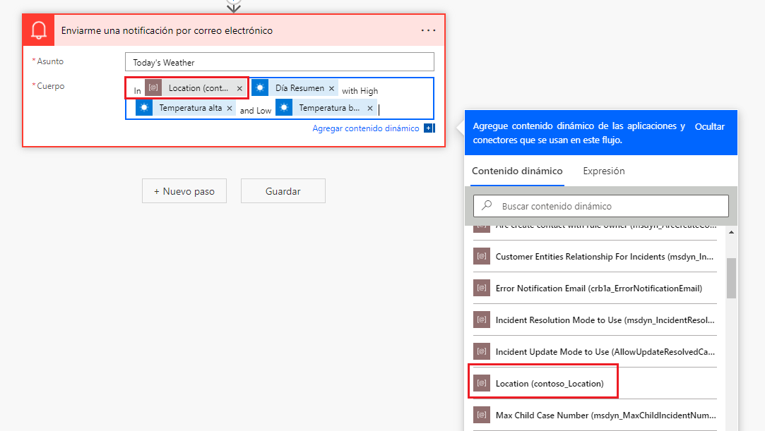 Captura de pantalla del proceso de incorporar un componente dinámico para la notificación por correo electrónico