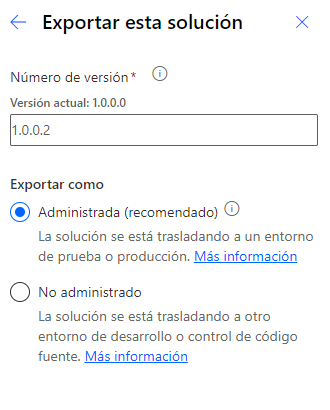 Captura de pantalla de las opciones Número de versión y Exportar en el cuadro Exportar esta solución.