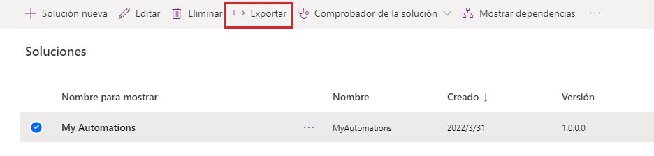 Captura de pantalla del botón Exportar