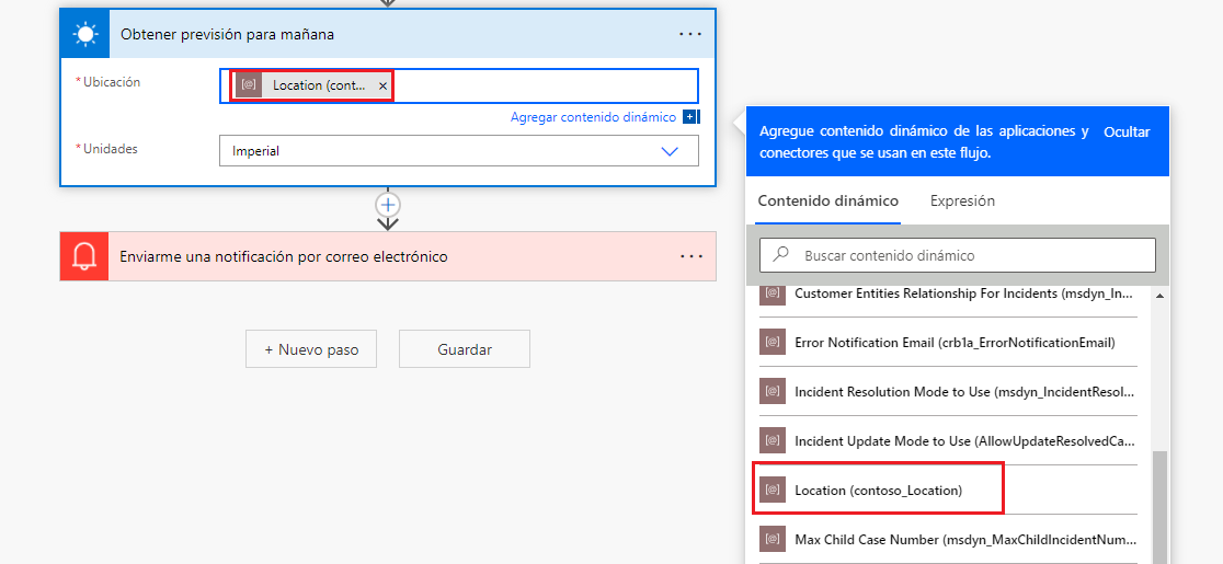 Captura de pantalla que muestra la selección de un componente dinámico para la notificación por correo electrónico