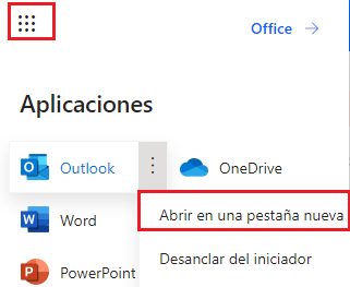 Captura de pantalla del iniciador de aplicaciones con la opción Outlook seleccionada y el botón Abrir en una pestaña nueva y resaltado