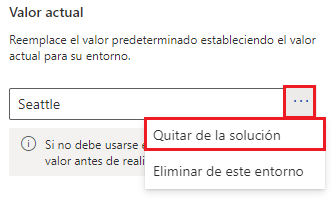 Captura de pantalla que muestra la opción Quitar de esta solución para quitar el valor actual