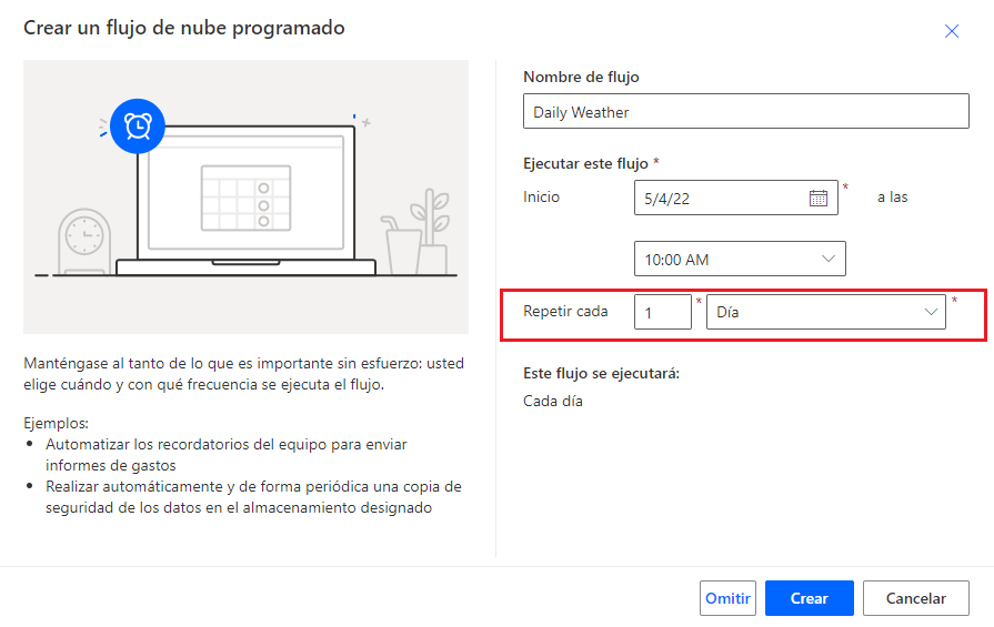 Captura de pantalla de Crear una configuración del flujo de nube programado