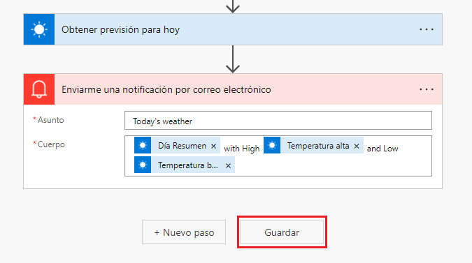 Captura de pantalla del paso del flujo Enviarme una notificación por correo electrónico, con el botón Guardar resaltado