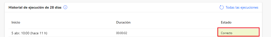 Captura de pantalla del historial de ejecución de flujo con el estado Correcto resaltado